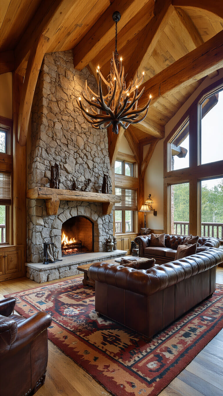 Wide-angle view of a timber-framed mountain lodge great room with a large river rock fireplace, leather Chesterfield sofa, antler chandelier, and Navajo rugs.