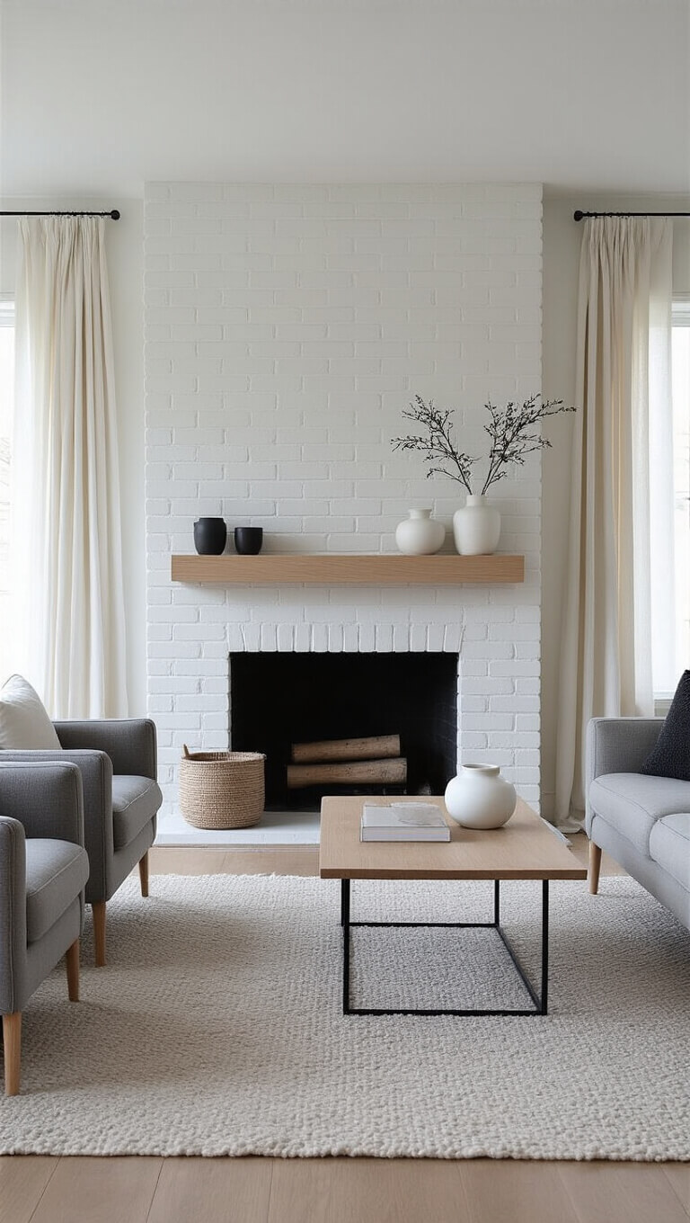 Scandinavian-inspired living room with white brick fireplace, pale oak mantel, grey wool furniture, black metal accents, and diffused light through sheer curtains.