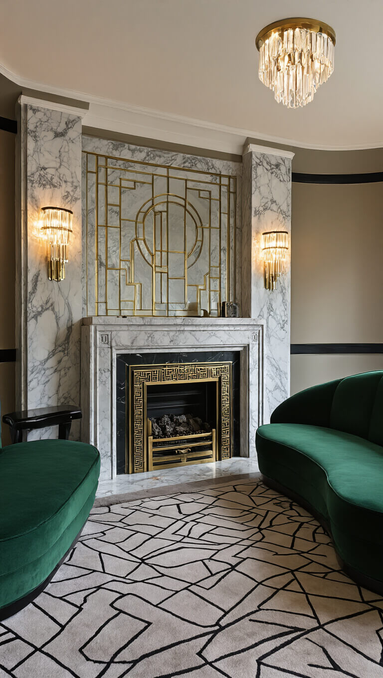 Art Deco salon with emerald green velvet sofa, marble fireplace with brass insert, crystal sconces, black lacquered furniture, and geometric carpet, shot at an angle with a 35mm lens.