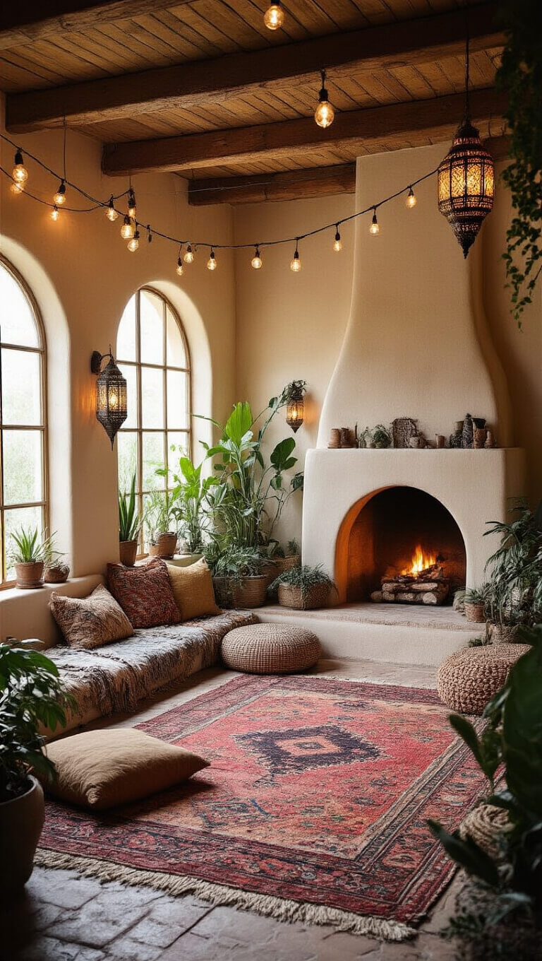Bohemian living room with adobe fireplace, low seating, vintage rugs, string lights, Moroccan lanterns, and lush plants, shot wide-angle from low angle.