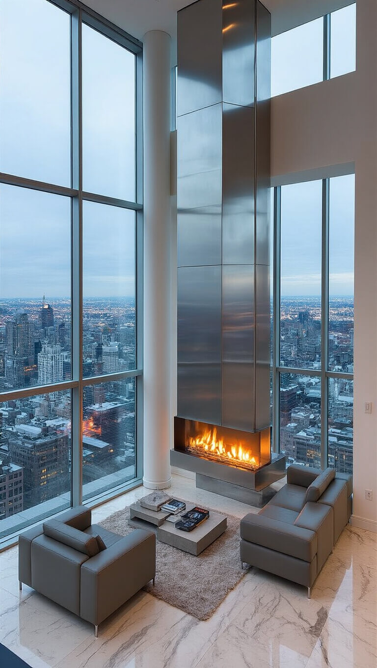 Modern penthouse with floor-to-ceiling windows, suspended steel fireplace, grey leather furniture, abstract art, and city skyline view.