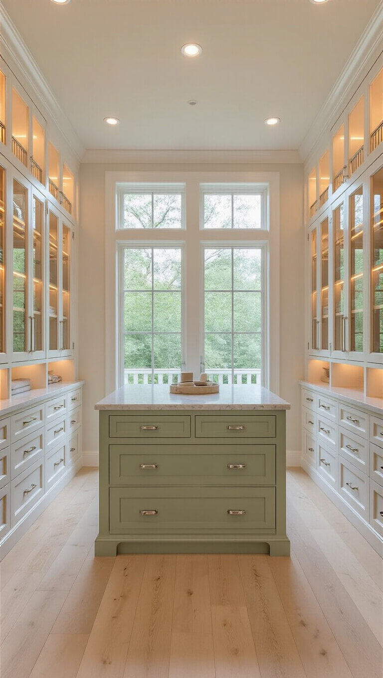 Luxurious walk-in closet with white oak cabinetry, glass display cases, and a marble-topped sage green island bathed in golden hour light.