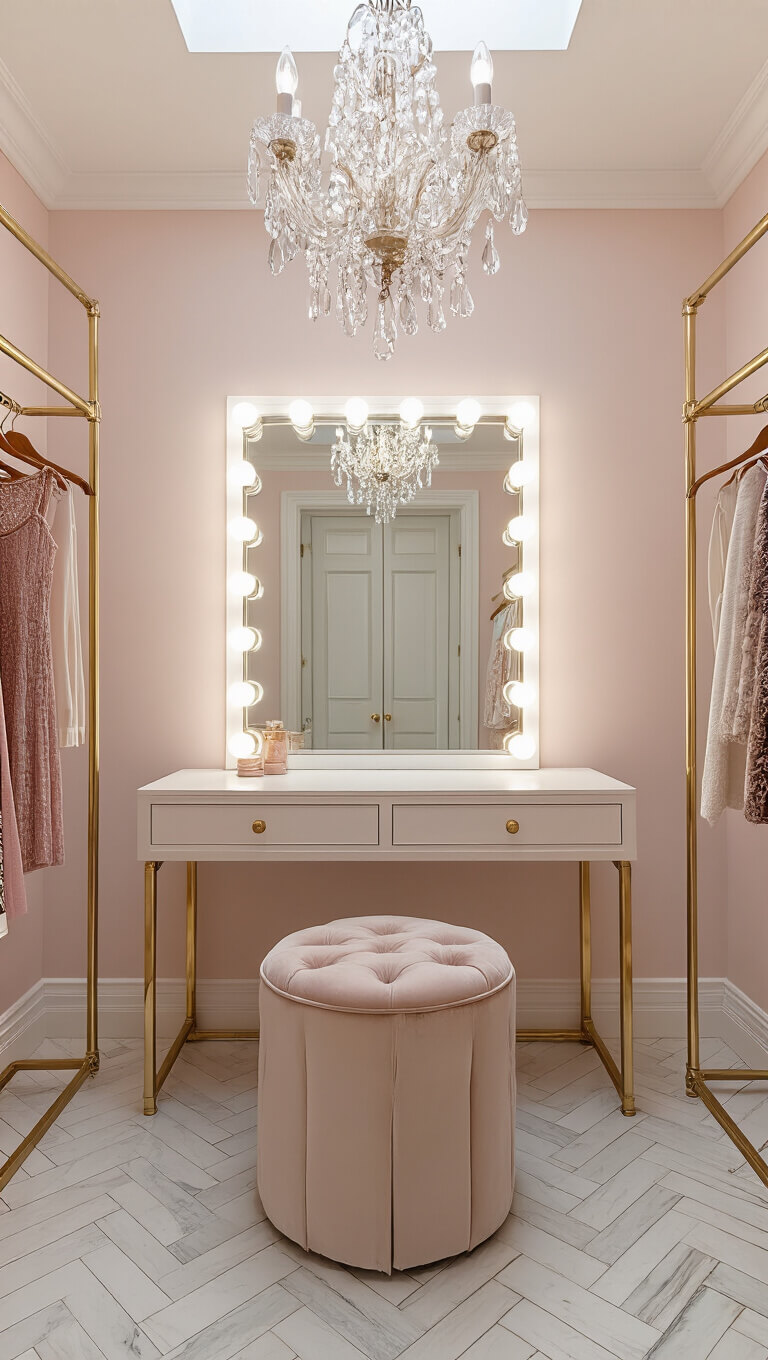 Elegant boutique-style dressing room with blush pink walls, crystal chandelier, brass clothing racks, and herringbone marble floor illuminated by skylight.