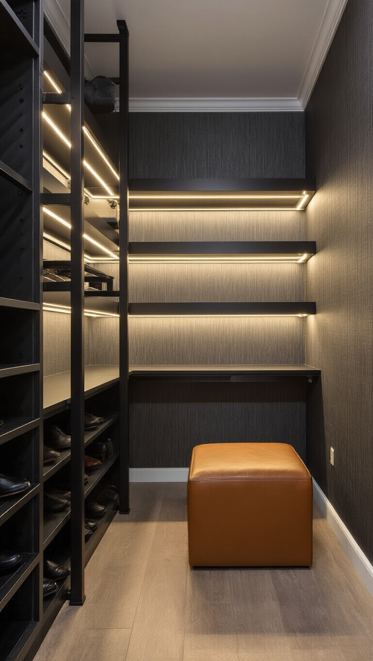 Modern L-shaped 10x12ft closet at dusk with black fixtures, warm LED lighting, floor-to-ceiling shoe wall, charcoal grasscloth wallpaper, and cognac leather ottoman.
