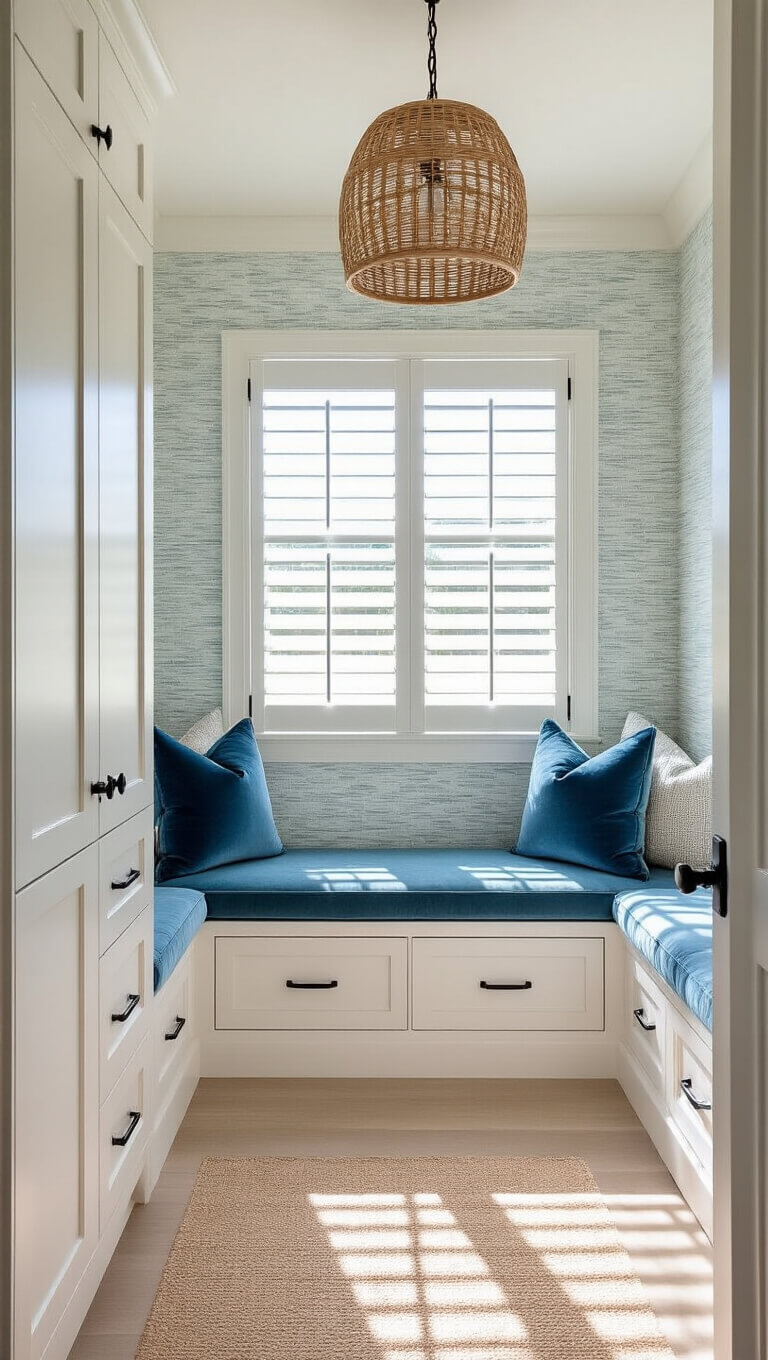 Coastal-themed 15x15ft U-shaped closet with white Shaker cabinetry, seagrass wallpaper, window seat with blue velvet cushions, rattan pendant lights, and natural light from plantation shutters.