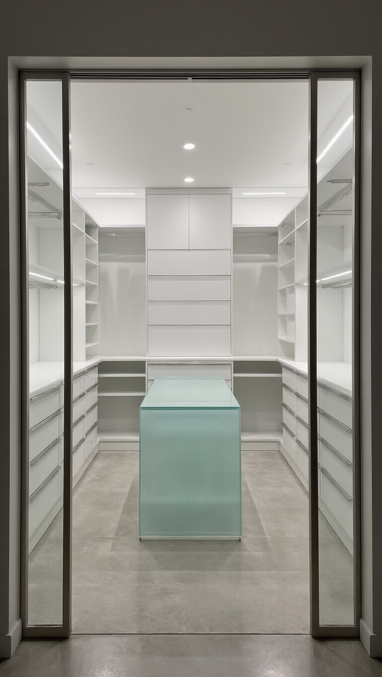 Minimalist 9x11ft closet with floor-to-ceiling sliding glass doors, white modular storage, frosted glass island, and high-gloss concrete floors, shot symmetrically at noon.