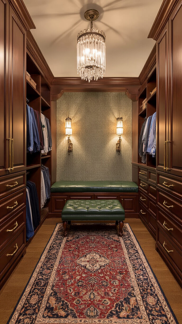 Traditional 14x16ft master closet with cherry wood built-ins, brass hardware, green tufted leather bench, Persian rug, and crystal sconces casting warm twilight light on textured wallpaper.