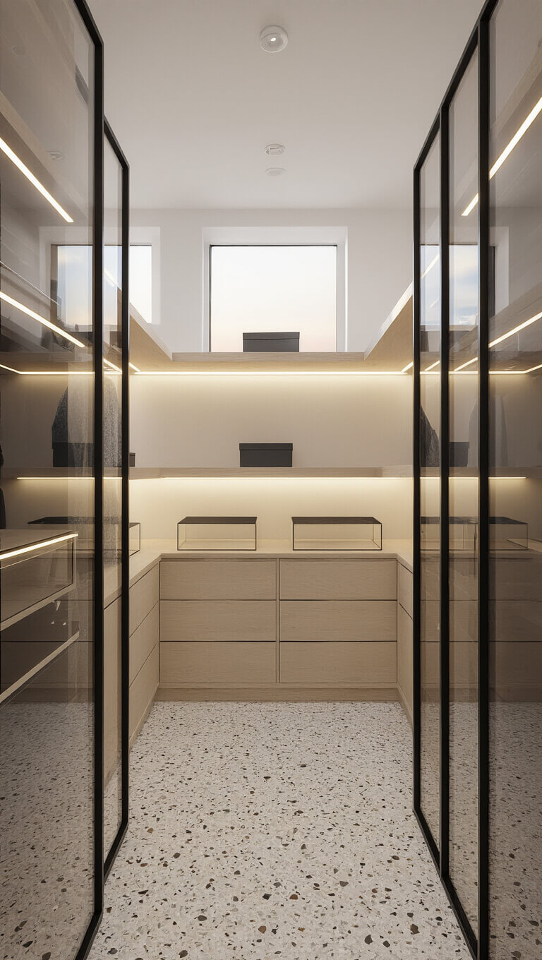 Bird's eye view of a modern 11x13ft closet at sunrise with bleached oak floating shelves, LED lighting, black-framed floor-to-ceiling mirrors, neutral terrazzo flooring, and lucite display cases.