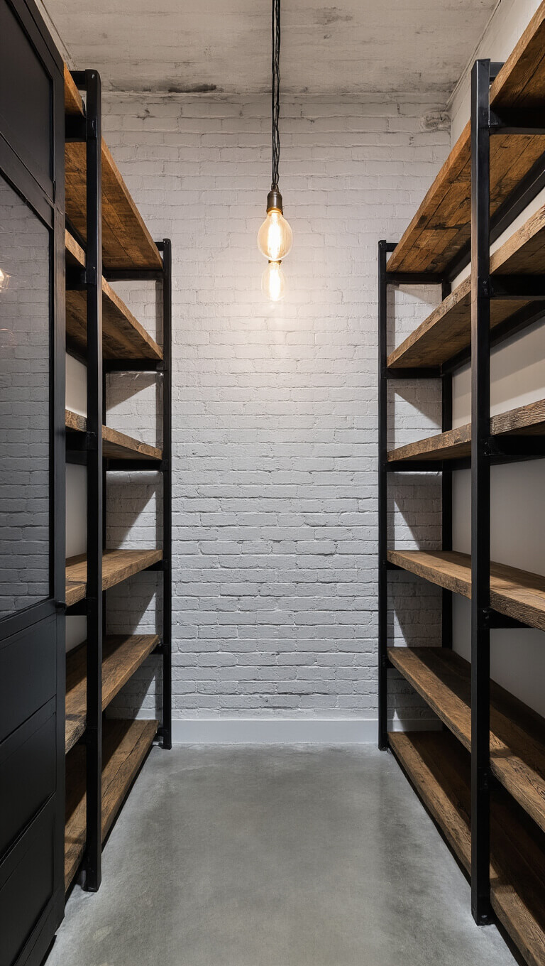 Industrial-chic 10x14ft closet at midnight with black steel shelving, reclaimed wood accents, white painted brick wall, polished concrete floor, and Edison bulb lighting creating dramatic contrasts.