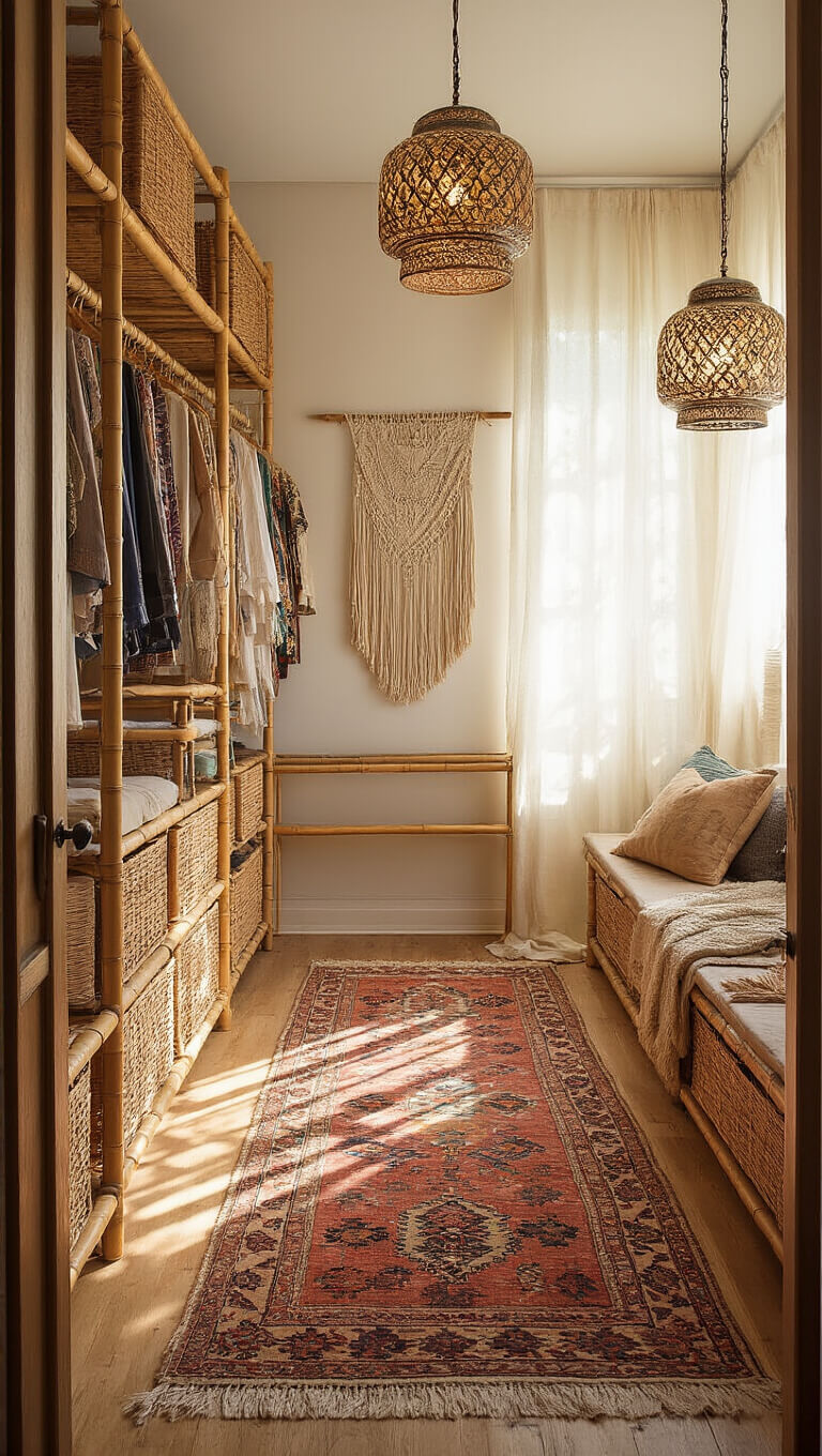 Bohemian 12x12ft closet with bamboo storage, Moroccan pendant lights, vintage Persian rugs on wooden floors, macramé wall hangings, and warm afternoon light through sheer curtains.
