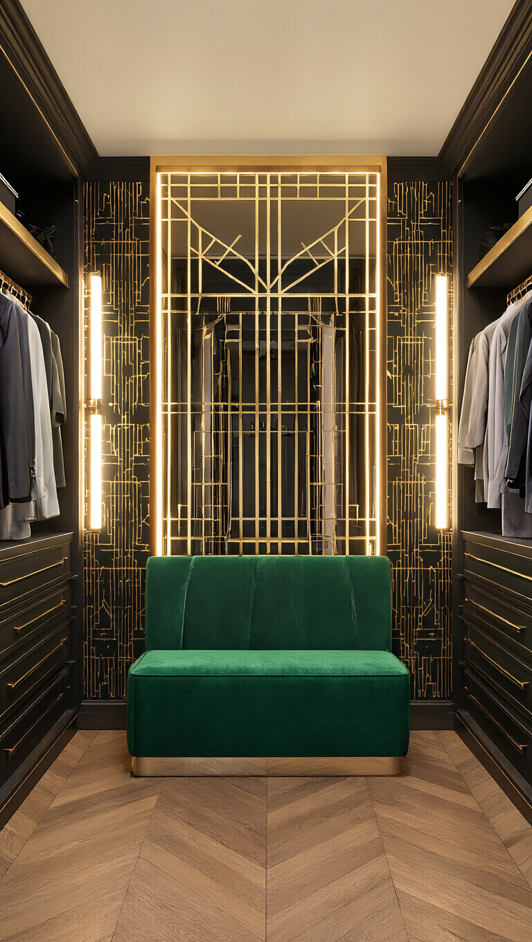 Art Deco master closet with black and gold wallpaper, emerald velvet seating, mirrored backsplash, and herringbone floors at sunset.