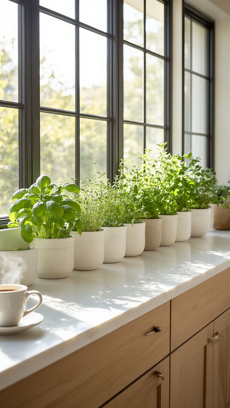 Modern sunlit kitchen with white quartz countertops, herb garden on windowsill, ceramic pots, and steam rising from a coffee cup in the foreground.