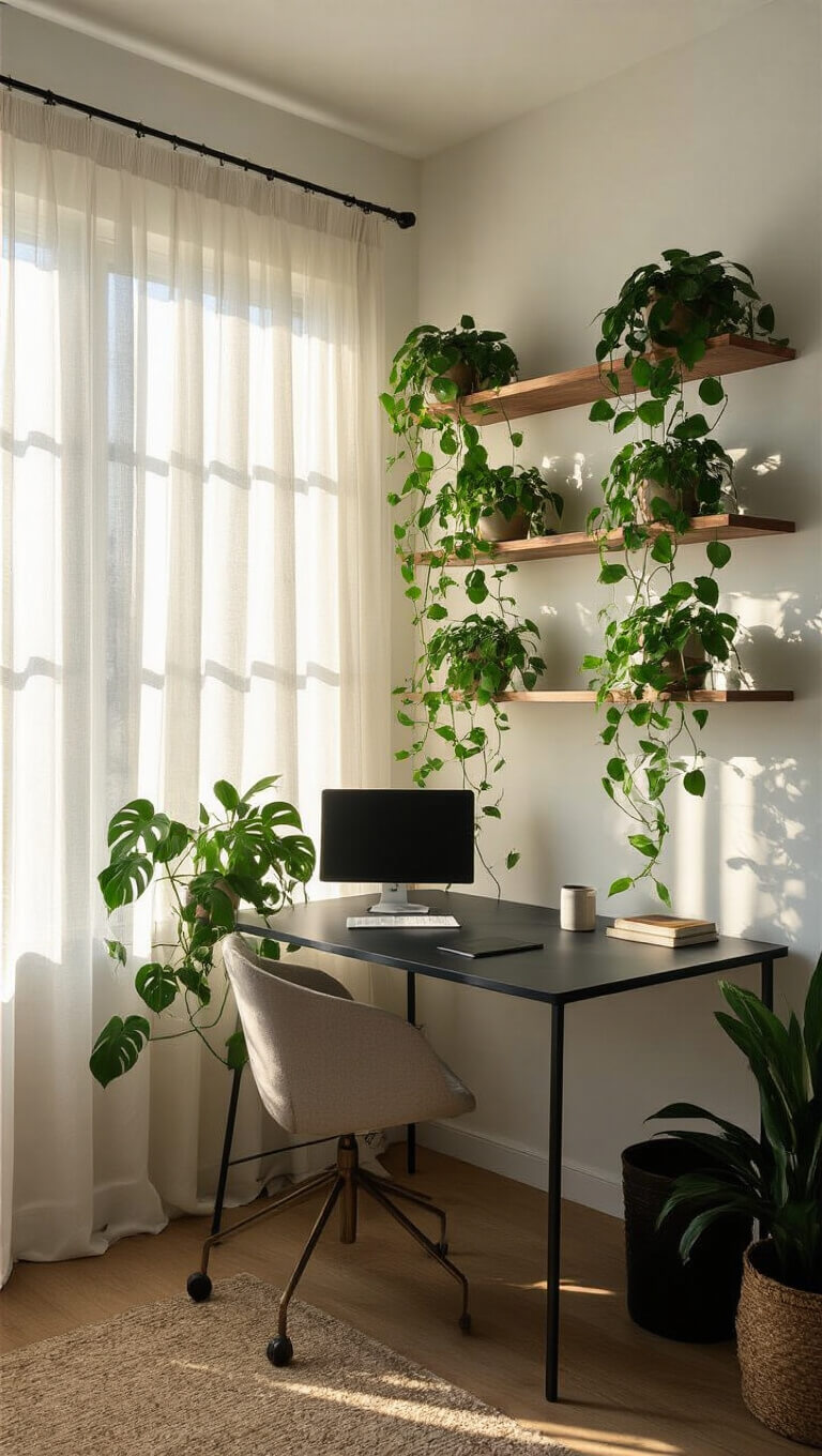Minimalist home office with matte black desk, cascading pothos on walnut shelves, and golden hour light through sheer curtains.
