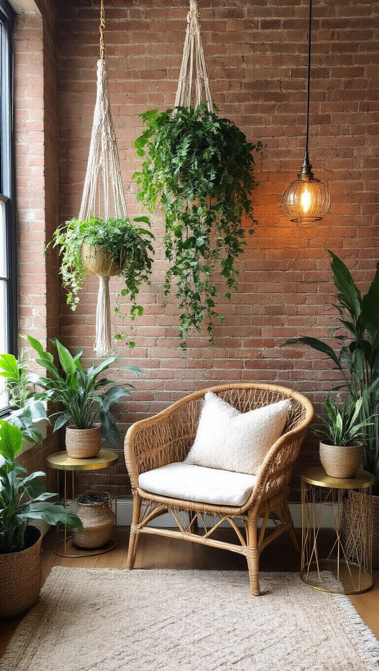 Boho living room nook with exposed brick walls, hanging macramé planters, trailing greenery, vintage rattan chair, brass plant stands, and soft pendant lighting.