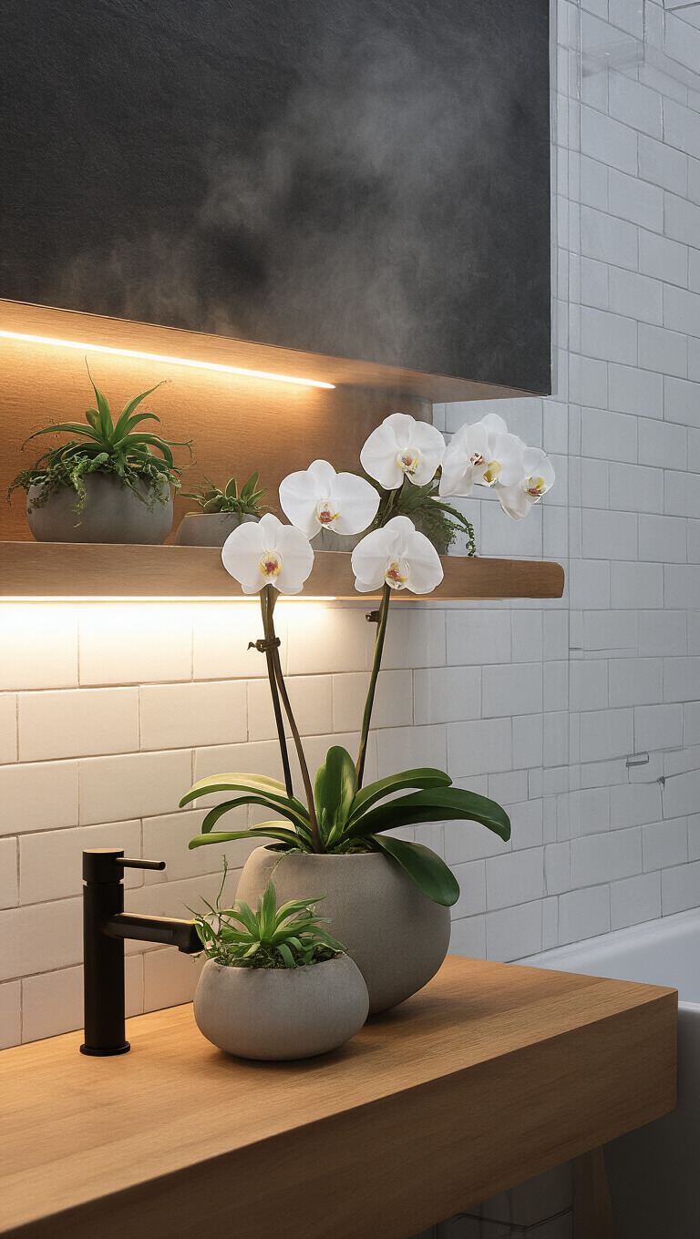 Tropical spa-style bathroom with white subway tiles, teak shelf holding orchids and air plants, misty steam, and matte black fixtures.