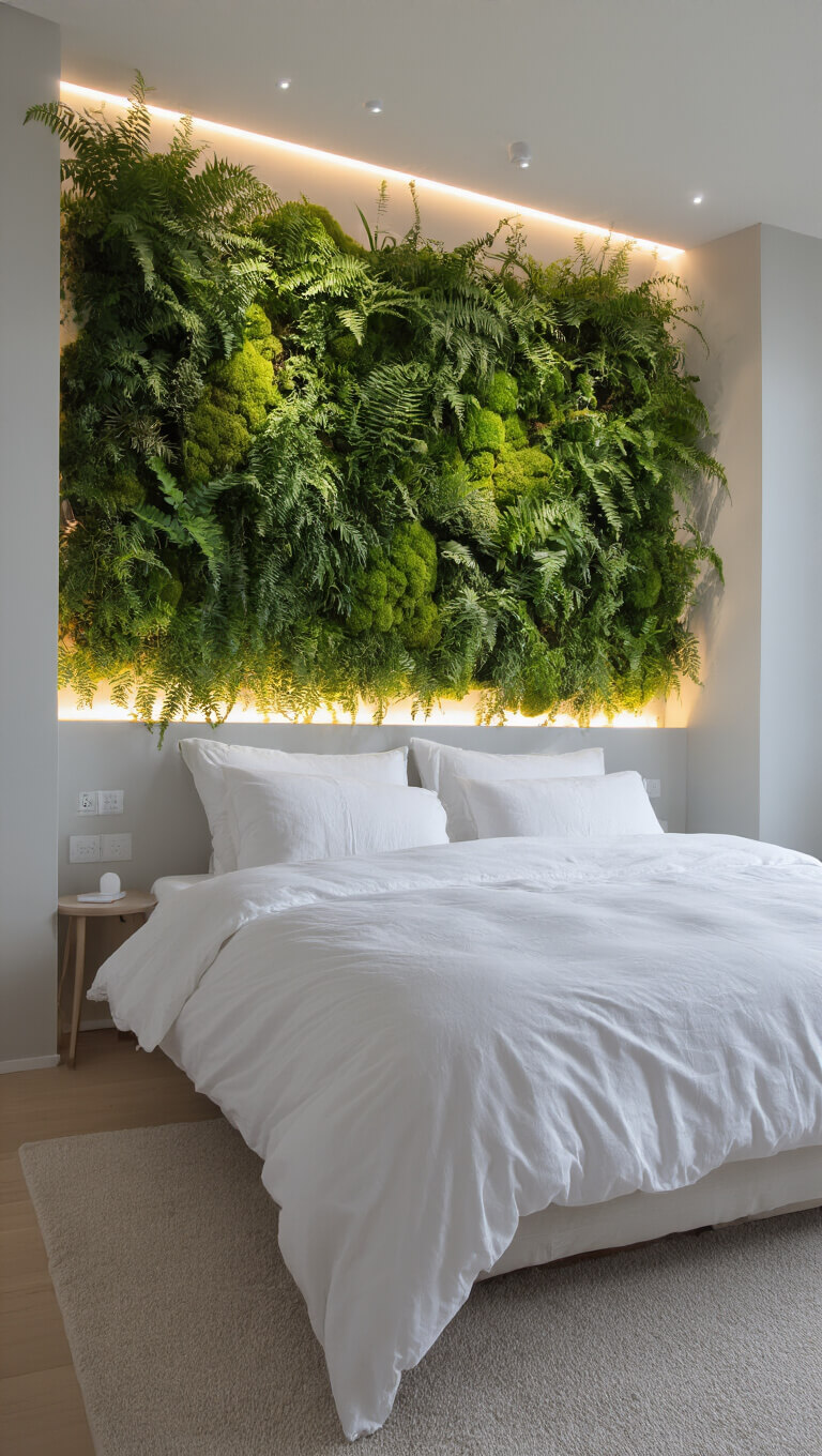 Scandinavian-style bedroom with an 8x6-foot living plant wall of ferns and moss, illuminated by concealed LED strips, featuring white linens, pale grey walls, and moody low-light ambiance.