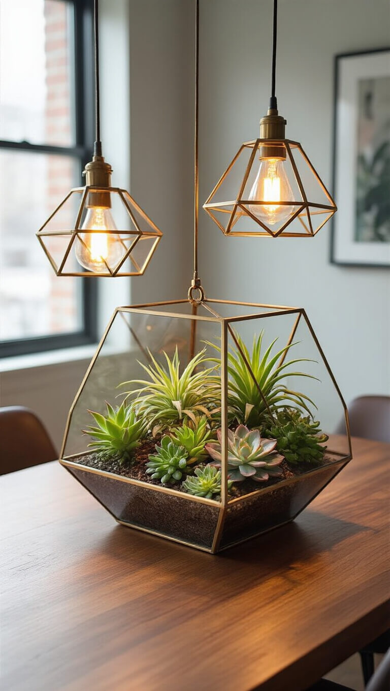 Modern dining area with hanging glass terrarium centerpieces in brass frames over walnut table, air plants inside, illuminated by pendant lights, viewed from above.