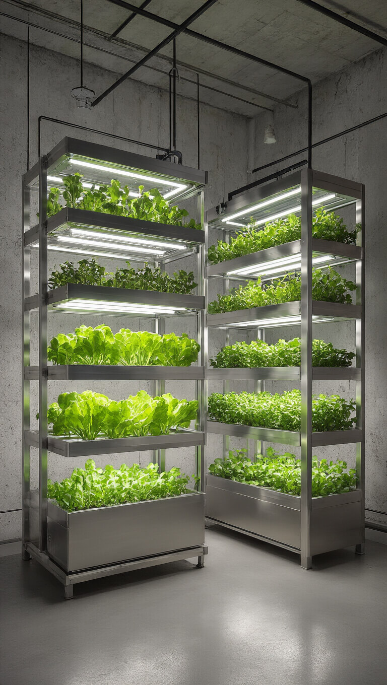 Industrial loft kitchen with vertical hydroponic garden growing lettuce and microgreens under LED lights, surrounded by stainless steel and glass structures against concrete walls.