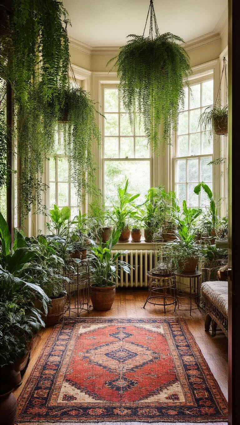 Bohemian sunroom with layered plants, vintage Persian rug, brass and wrought iron stands, hanging ferns, and natural light through Victorian windows.