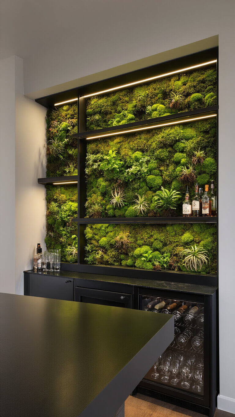 Contemporary home bar with preserved moss living wall, air plants, smoked glass shelves, matte black fixtures, and moody LED lighting.