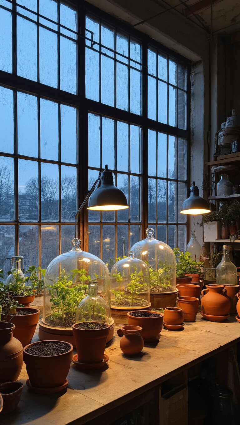 Greenhouse studio with vintage bottles, terracotta pots, and propagation station lit by north-facing industrial windows at blue hour.