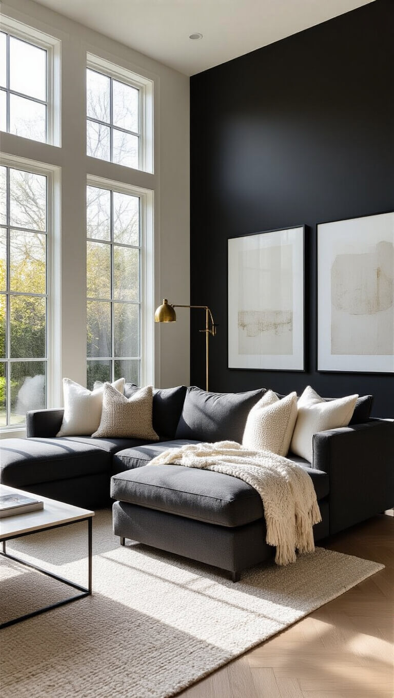 Contemporary sunlit living room with charcoal grey sectional, white oak herringbone floors, matte black accent wall, and floor-to-ceiling windows.