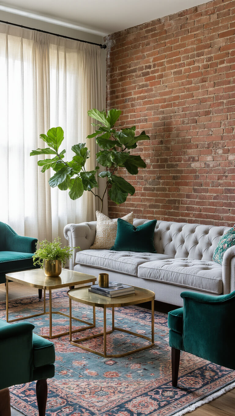 Cozy 12x14ft living space with exposed brick wall, pearl grey tufted sofa, vintage Persian rug, emerald velvet chairs, brass coffee tables, and fiddle leaf fig in soft afternoon light.