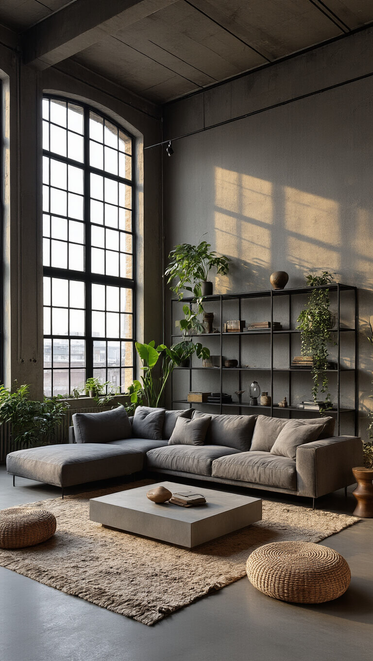 Modern industrial loft living area with high concrete ceilings, steel-framed windows, dove grey bouclé sofa on vintage leather rug, black metal shelving, plants, and textured accents lit by golden hour side lighting.