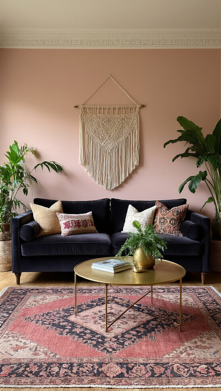 Bohemian living room with charcoal velvet sofa, blush pink walls, Moroccan rug, brass coffee table, plants, and macramé in warm afternoon light.
