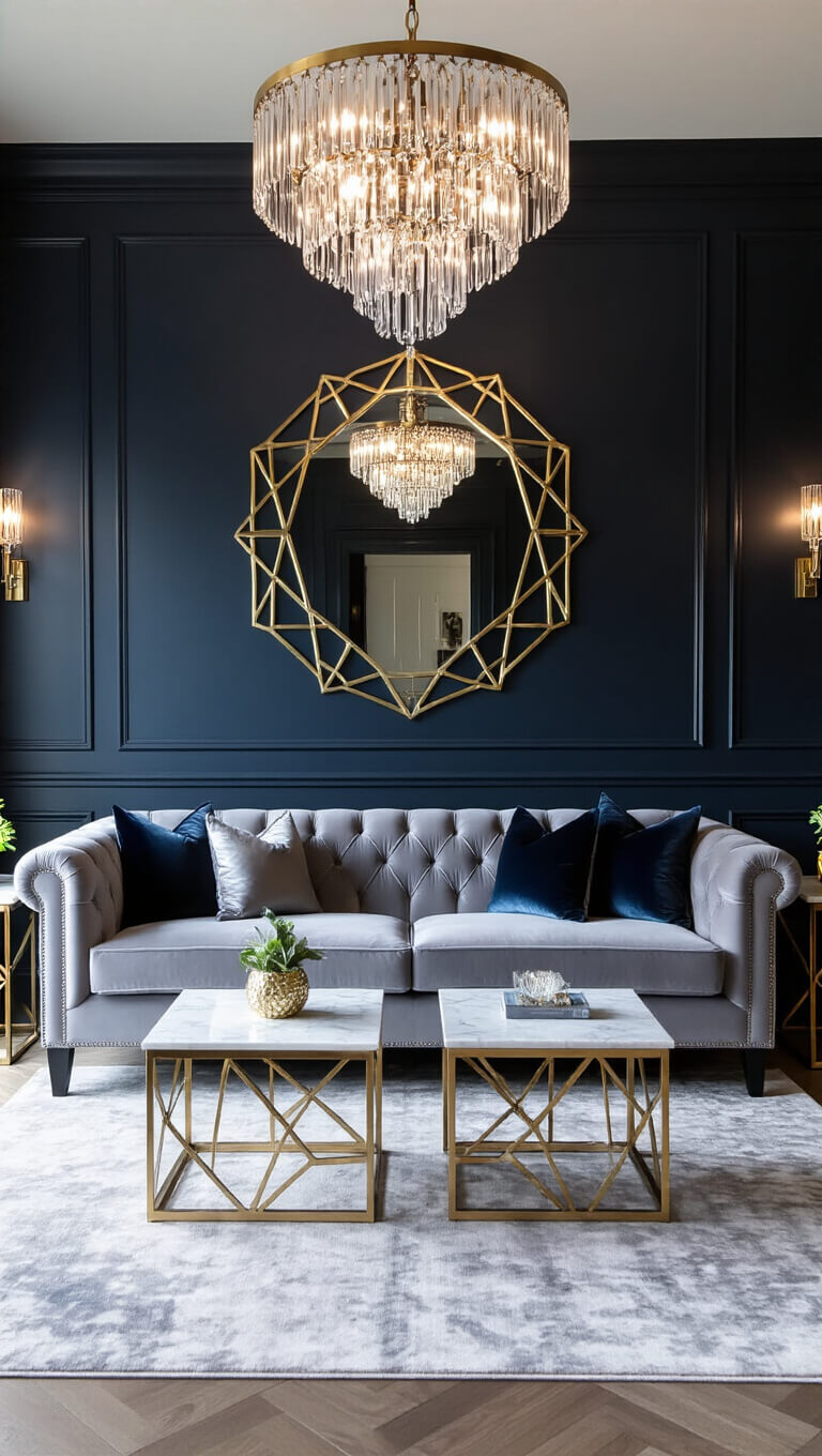 Art deco sitting room with silver grey velvet sofa, dark navy walls, brass mirror, marble tables, and crystal chandelier in moody lighting.