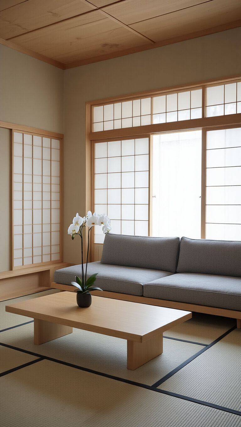 Japanese minimalist 12x14ft living room with low grey linen sofa on tatami mat, wooden coffee table, single orchid, and rice paper screens filtering soft morning light.