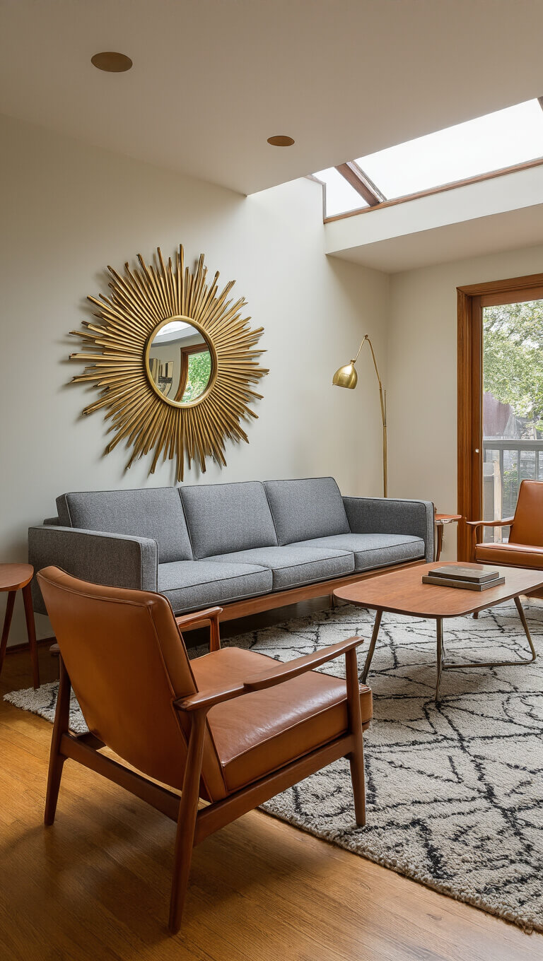 Mid-century modern lounge with grey wool sofa, leather chairs, brass sunburst mirror, geometric rug, and warm afternoon light from clerestory windows.