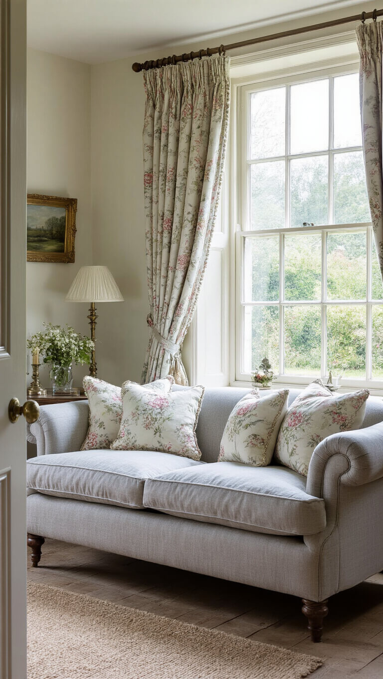 Cozy English cottage sitting room with silver grey rolled arm sofa, chintz curtains, floral pillows, antique brass accents, and morning light streaming through a bay window.