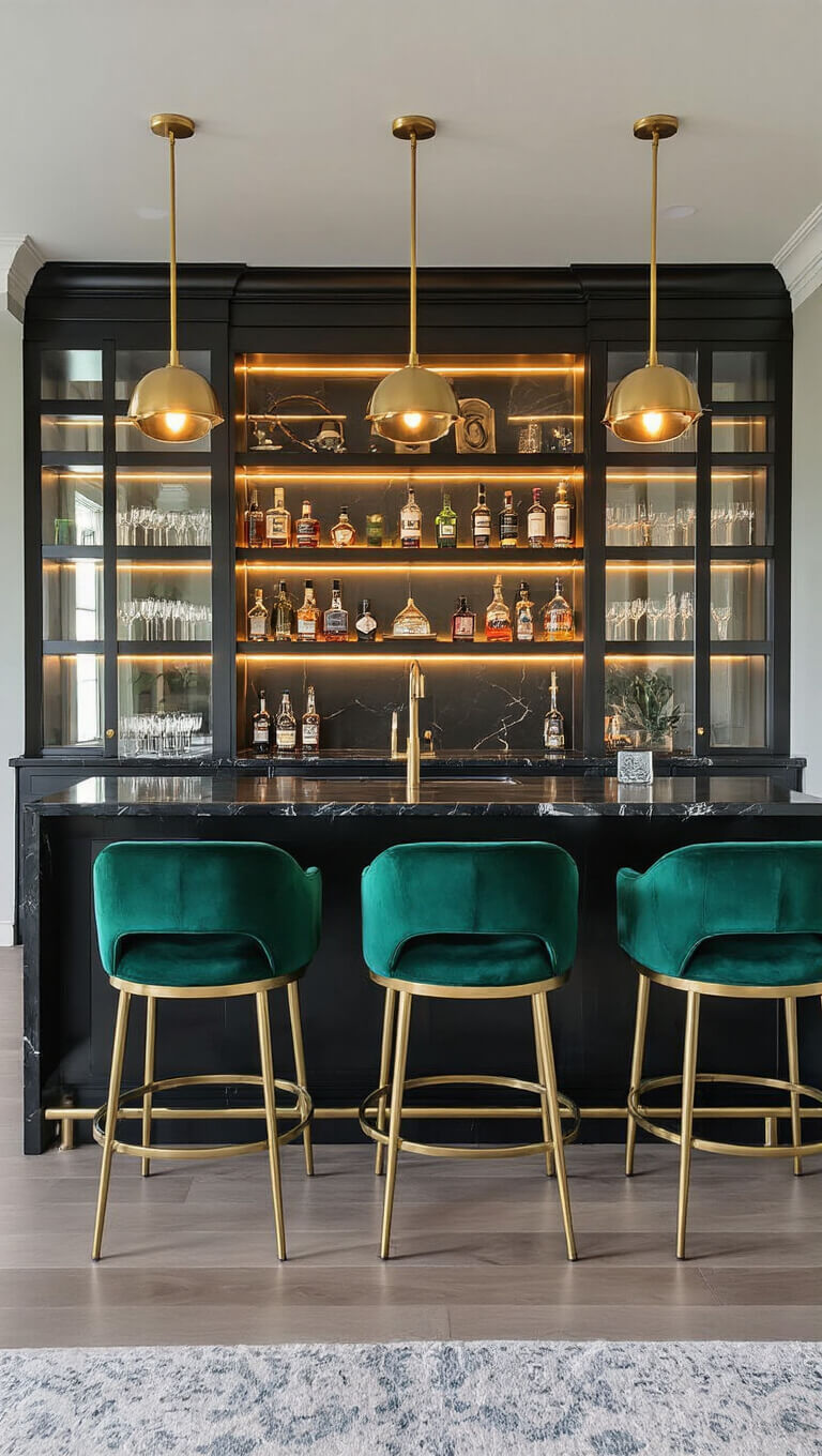 Modern glam home bar with black marble counter, emerald green velvet barstools, brass pendant lights, and backlit glass shelving in a gray and jewel-toned room during golden hour.