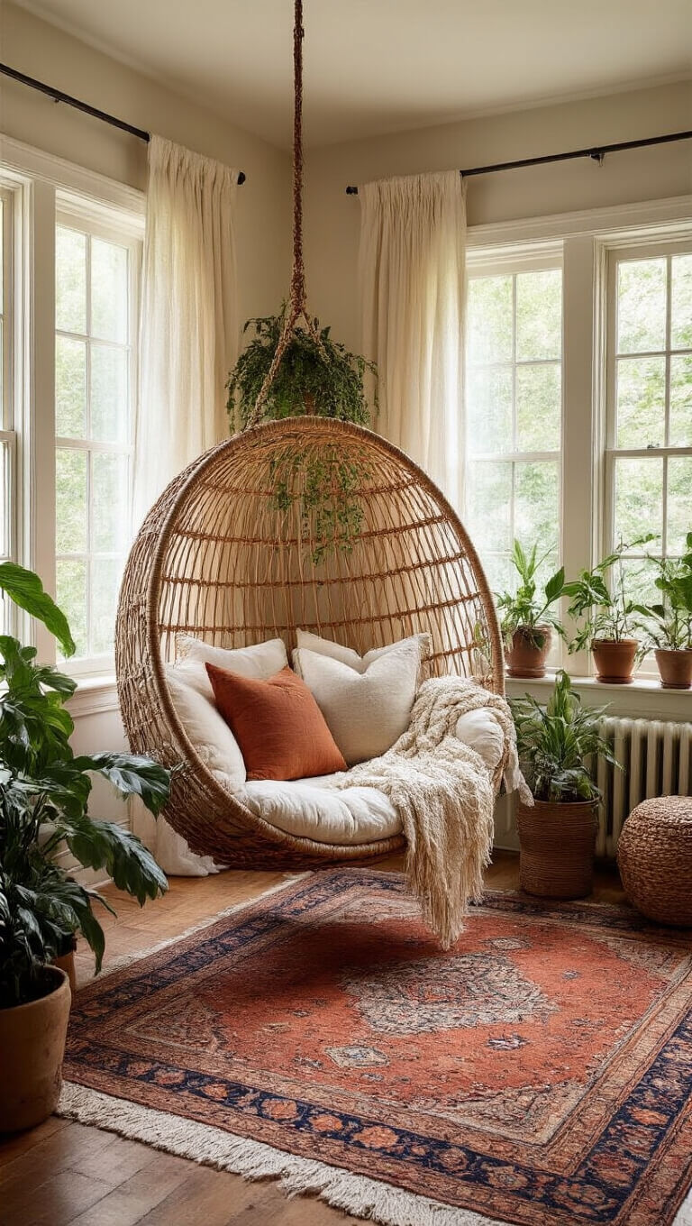 Cozy boho reading nook with rattan hanging chair, vintage rugs, potted plants, and natural light streaming through sheer curtains in a bay window.