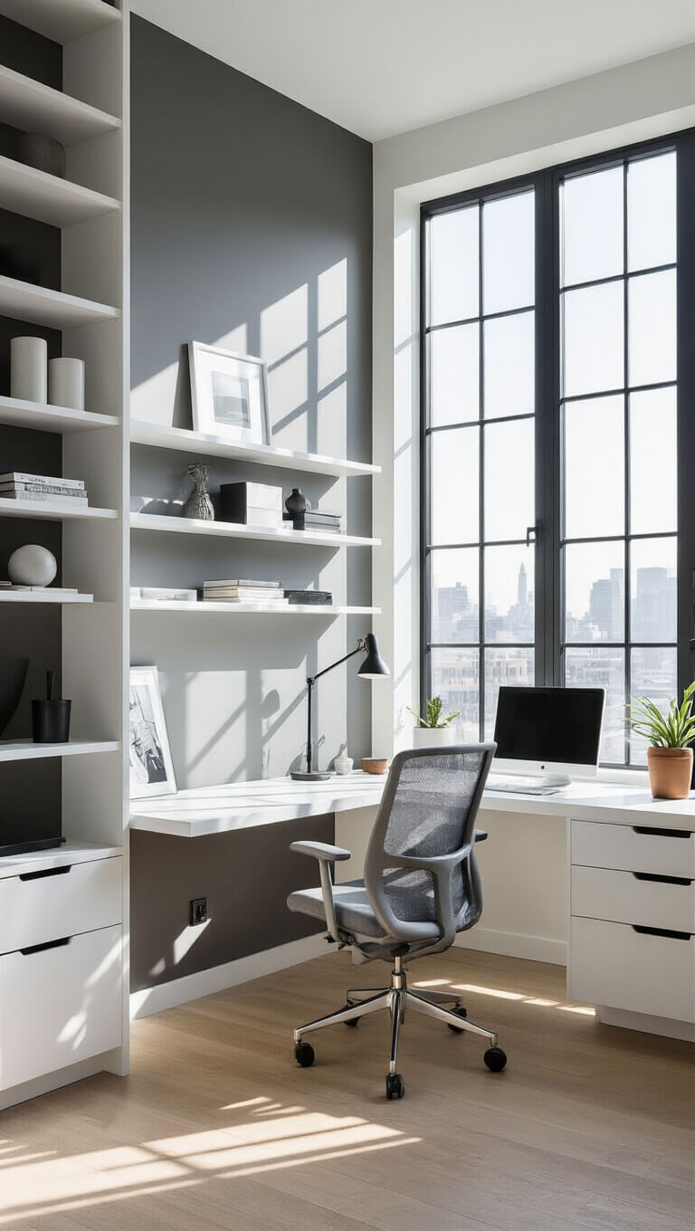 Minimalist 14x16ft home office with floor-to-ceiling windows, floating white desk against charcoal accent wall, ergonomic gray chair, monochrome shelving, and warm wood and black accents.