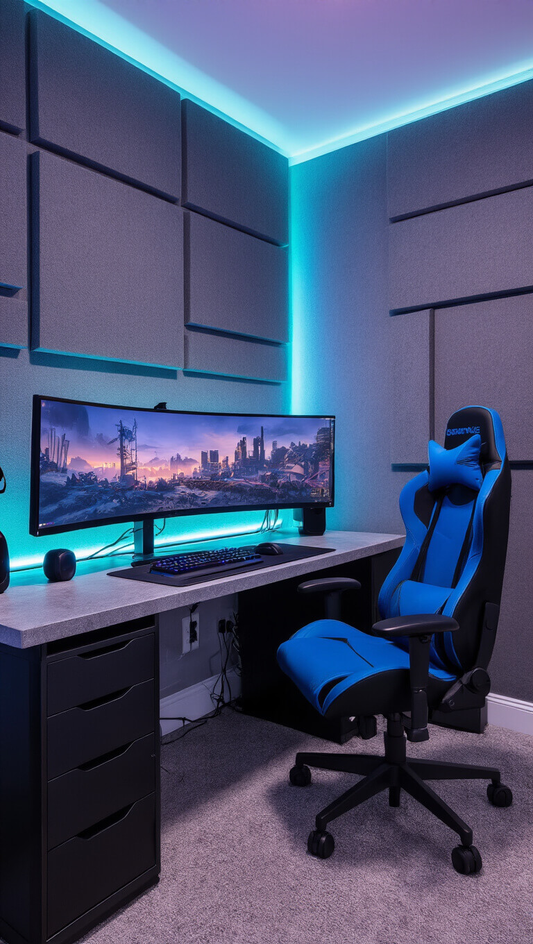 Modern gaming room with acoustic panel walls, ultra-wide curved monitor on concrete-effect wall, ergonomic black and blue chair, tasteful cable management, and neon LED lighting at dusk.