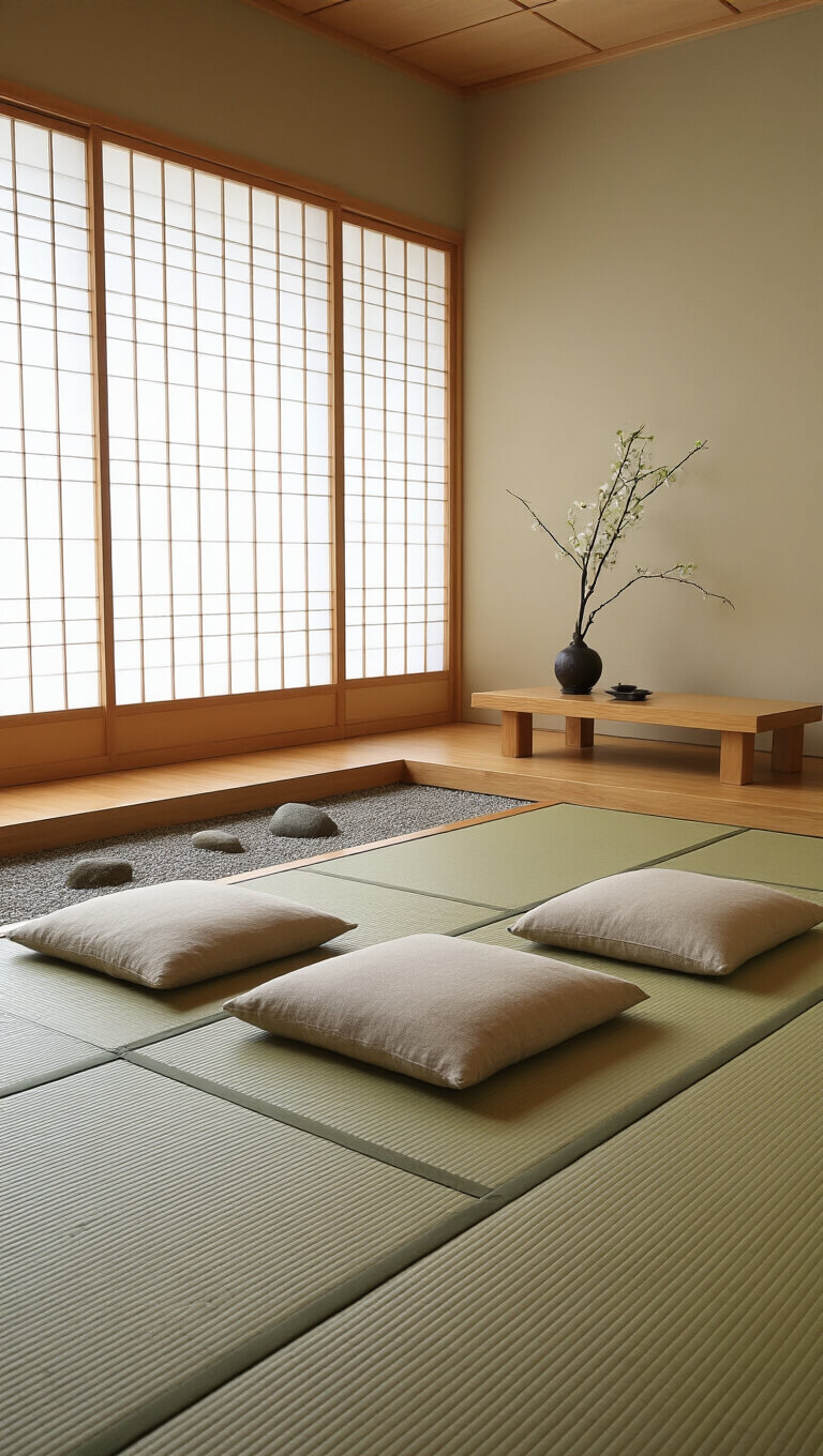 Zen meditation room with low seating, bamboo mat flooring, rock garden, and ikebana arrangement in soft early morning light through rice paper screens.