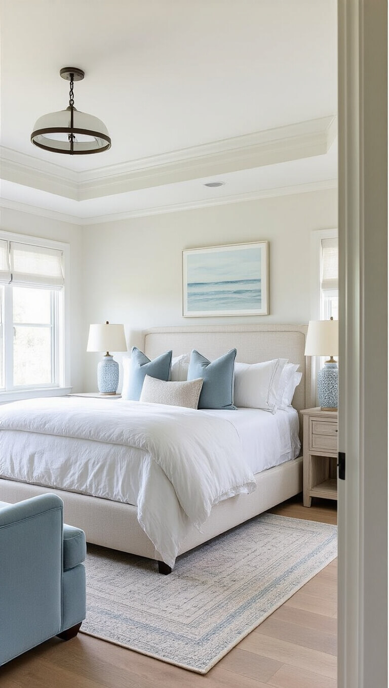 Coastal-inspired guest suite with queen bed, blue velvet reading nook, and tray ceiling in soft afternoon light.