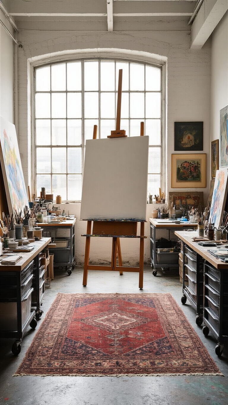 Artist's studio with central easel, organized supplies, concrete floors, vintage rug, and gallery wall, bathed in natural midday light from industrial windows.