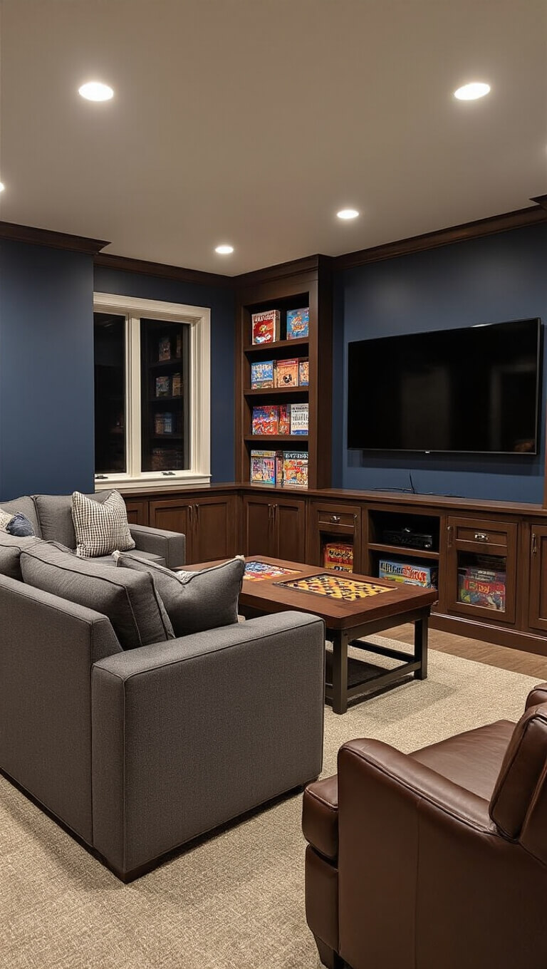 Multifunctional family game room with sectional sofa, media wall, board game storage, convertible game table, and cozy evening lighting.