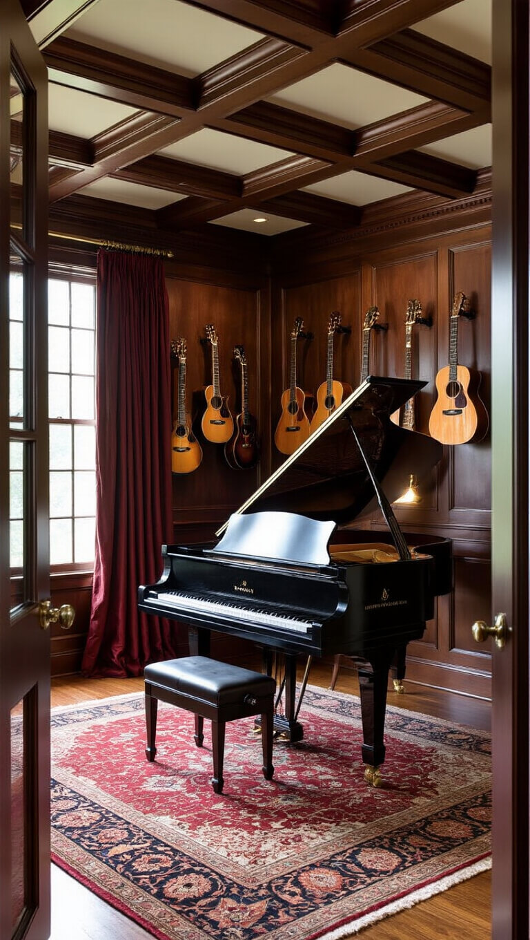 Music room with baby grand piano, vintage guitars on wall, burgundy sound-absorbing curtains, and oriental rug, viewed through doorway with warm late afternoon light.