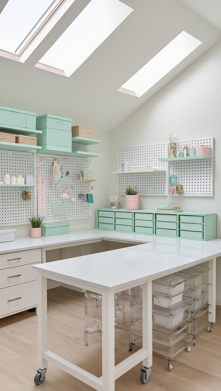 Bright 14x18ft craft room with L-shaped white quartz table, pale mint pegboard organizers, and rolling acrylic storage carts, viewed from above with morning skylight illumination.