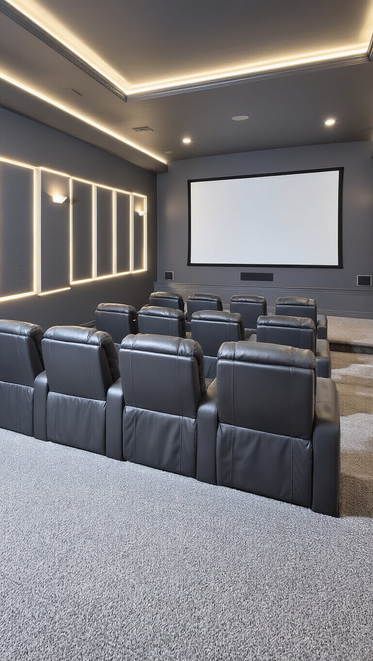 Home theater with tiered leather recliners, charcoal acoustic panels, ambient LED lighting, and a 120-inch projection screen, viewed from the back row.