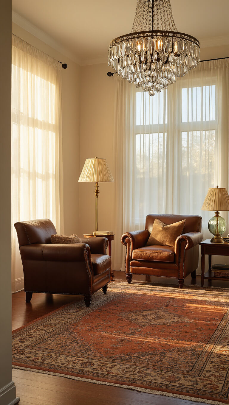 Warmly lit 15x20ft living room at golden hour with sunlight through sheer curtains, layered lighting from chandelier, brass floor lamp, and table lamps, featuring cream walls, walnut floors, and vintage terracotta Persian rug.