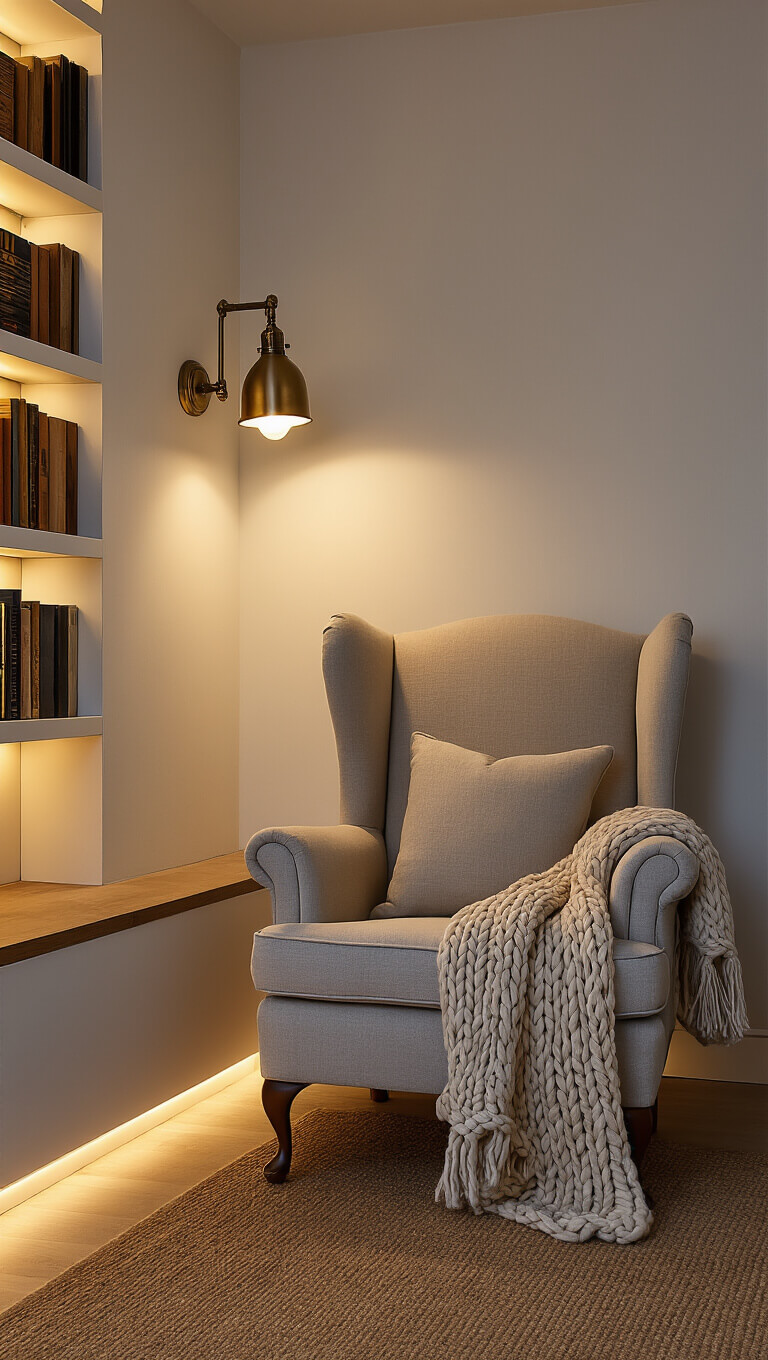 Cozy reading nook at dusk with wingback chair, brass wall sconce, warm bookshelf lighting, jute rug, and knit throw.