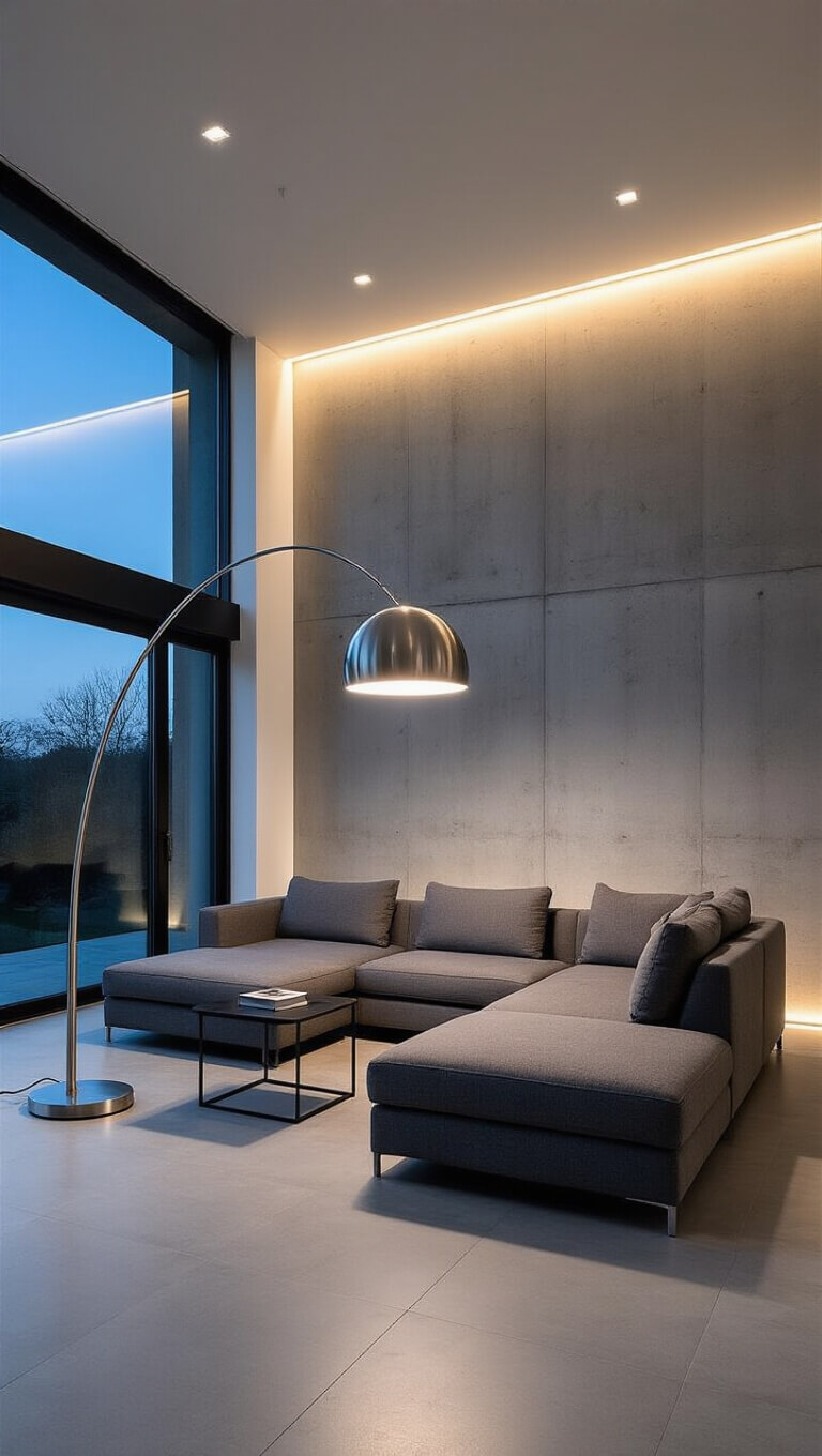 Modern minimalist living room at twilight with floor-to-ceiling windows, gray sectional, sculptural arc lamp, recessed and cove lighting illuminating concrete wall.