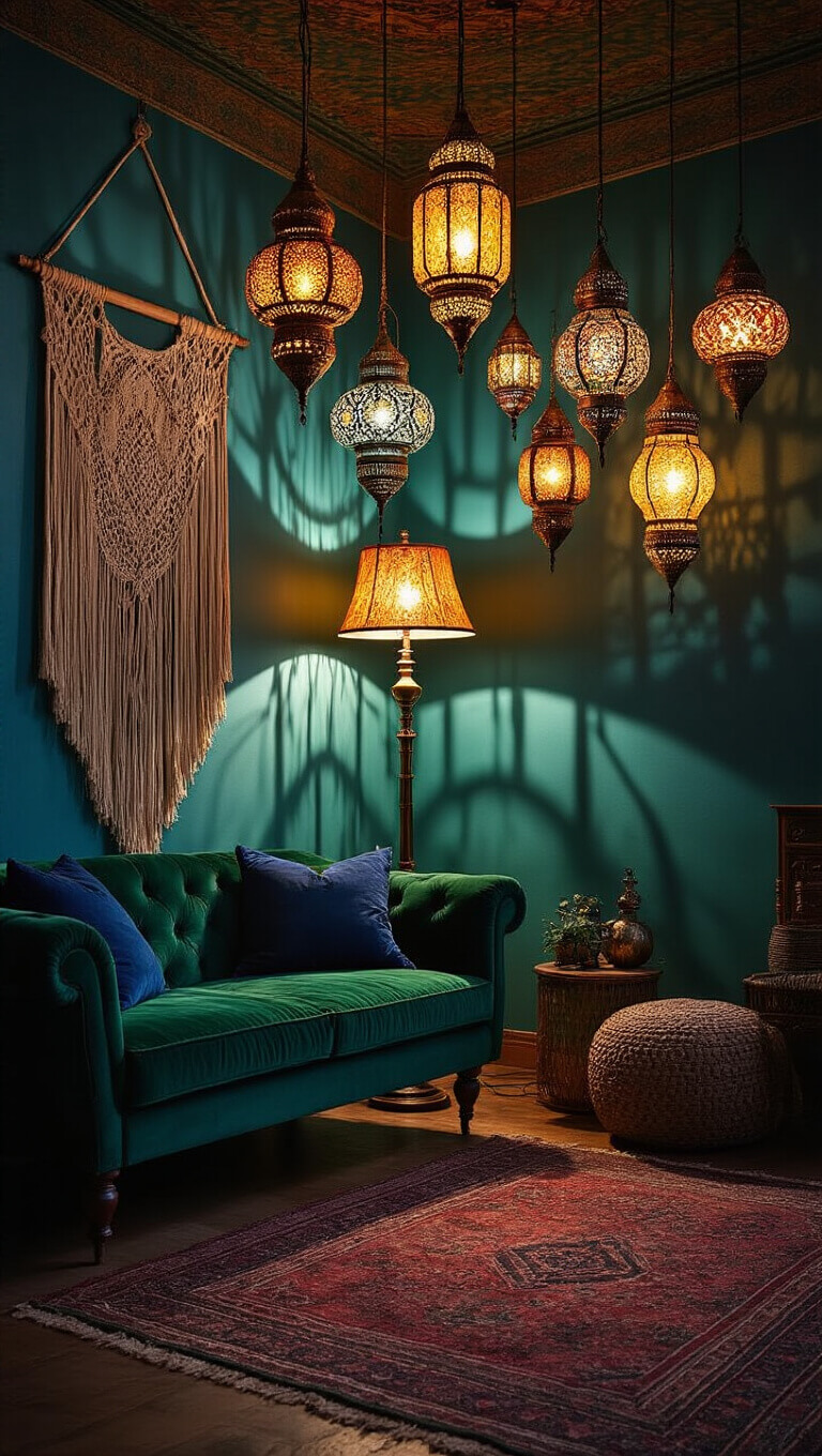 Bohemian living room at midnight with Moroccan lanterns casting intricate shadows, emerald velvet sofa, indigo pillows, and fairy lights in macramé wall hanging.