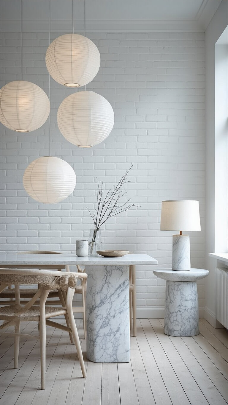 Scandinavian-style interior at morning blue hour with white brick walls, pale oak floors, soft paper pendant lights, and minimal decor in cool natural light.