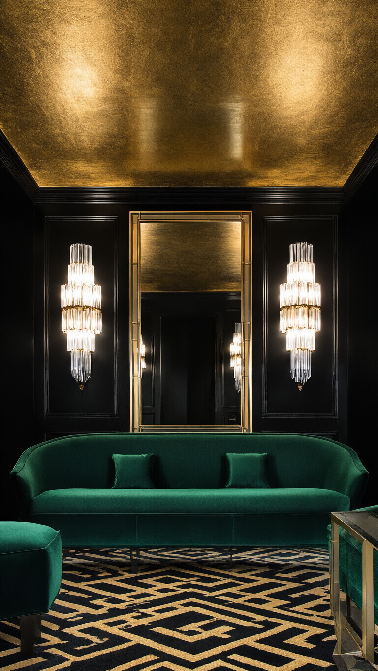 Art Deco room with black walls, gold ceiling, emerald velvet seating, crystal sconces, torchiere lamps, and geometric black-and-gold carpet, shot symmetrically with dramatic lighting.